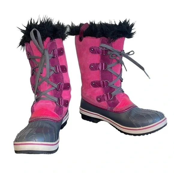 Sorel Tofino lace up, faux fur trim, waterproof Pink boots Mid- calf Size 6 GUC - Picture 2 of 8